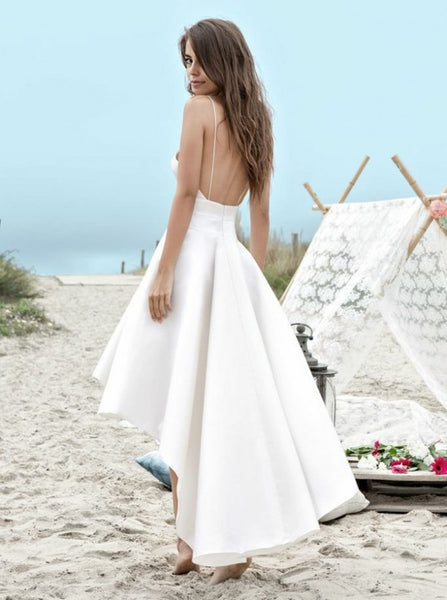 White A Line High Low Backless Wedding Dresses, High Low Wedding Dresses. Backless Prom Dresses