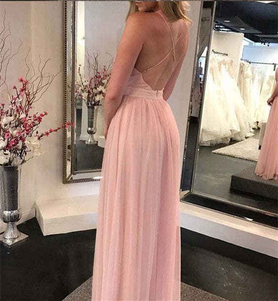A Line V Neck Pink Backless Prom Dresses, Pink V Neck Backless Formal