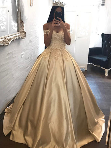 Custom Made Off Shoulder Golden Lace Ball Gown, Golden Formal Dresses, Birthday Party Dresses, Prom Gown