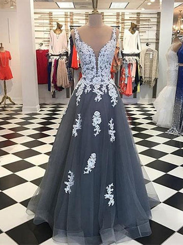 A Line Round Neck Gray Tulle Lace Prom Dresses, Gray Tulle Lace Graduation Dresses, Formal Dresses