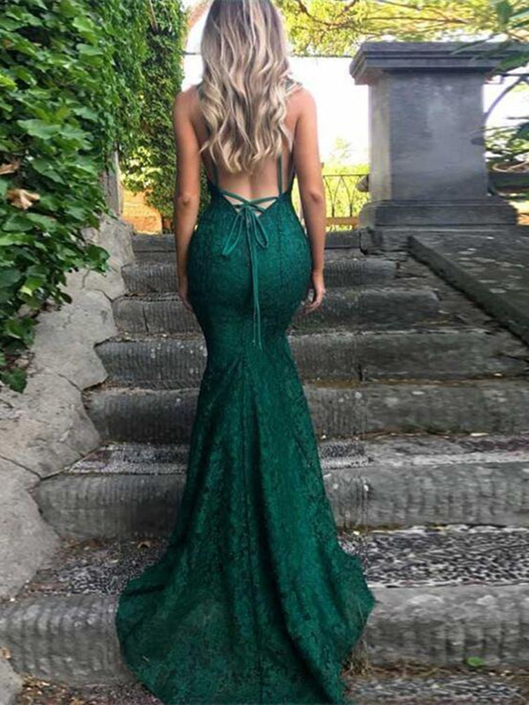 Sexy Spaghetti Straps Trumpet/Mermaid Backless Dark Green Lace Prom Dr jbydress Sexy Spaghetti Straps Trumpet/Mermaid Backless Dark Green Lace Prom Dr jbydress
