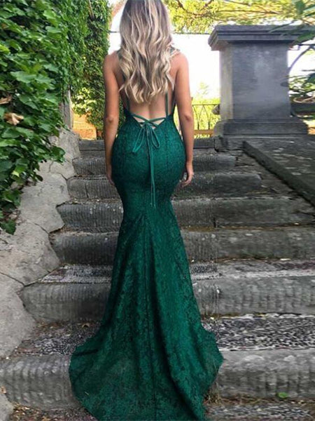 Sexy Spaghetti Straps Trumpet/Mermaid Dark Green Lace Prom Dress/ Formal Dress/ Bridesmaid Dress