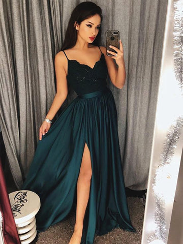 A Line V Neck Dark Green Lace Prom Dress with Slit, Dark Green Lace Formal Dress, Lace Evening Dress