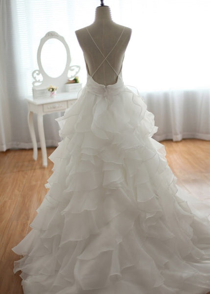 V Neck Court Train Backless Wedding Dress, Backless Wedding Gowns-Back Details