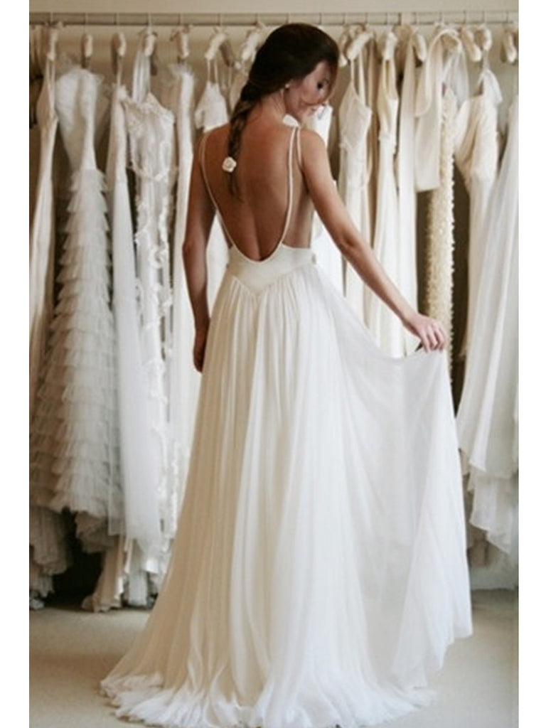 A Line Ivory Backless Lace Wedding Dresses, Backless Lace Prom Dresses