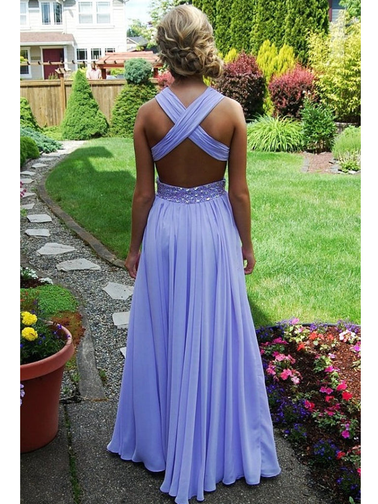 A-line Straps Cross-back Floor Length Lilac Prom Dress, Purple Formal Dress