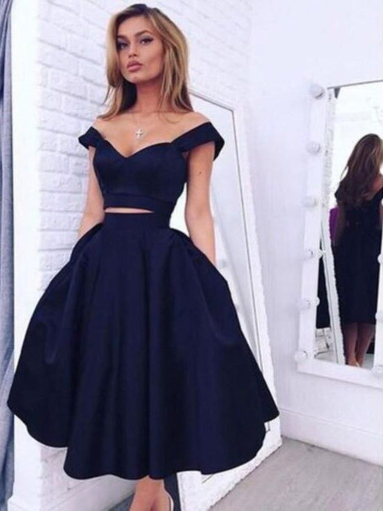Custom Made 2 Pieces Off Shoulder Short Navy Blue Prom Dresses, Short jbydress Custom Made 2 Pieces Off Shoulder Short Navy Blue Prom Dresses, Short jbydress