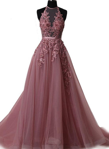 A Line Halter Neck Lace Prom Dress with Sweep Train,  Backless Formal Dress, Evening Dress