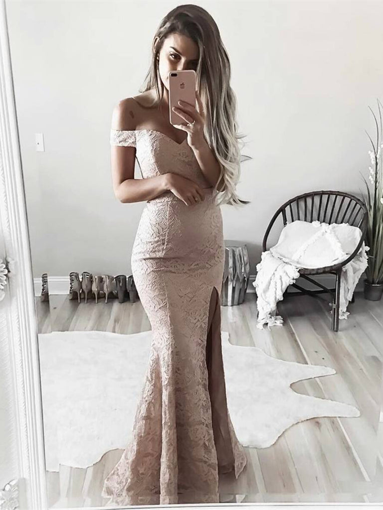 Off Shoulder Mermaid Lace Prom Dresses with Slit, Lace Formal Dresses