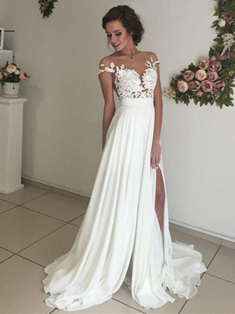 A Line See Through Ivory Lace Wedding Dresses, Ivory Lace Prom Dresses, Formal Dresses, Beach Wedding Dresses