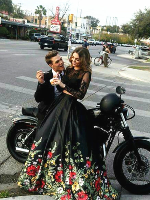 Custom Made 2 Pieces Long Sleeves Black Lace Prom Dress, 2 Pieces Black Lace Formal Dress