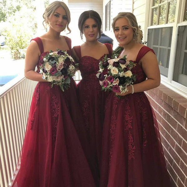 Burgundy Lace Bridesmaid Dresses with Straps, Burgundy Lace Prom Dresses, Burgundy Graduation Dress, Lace Formal Dresses