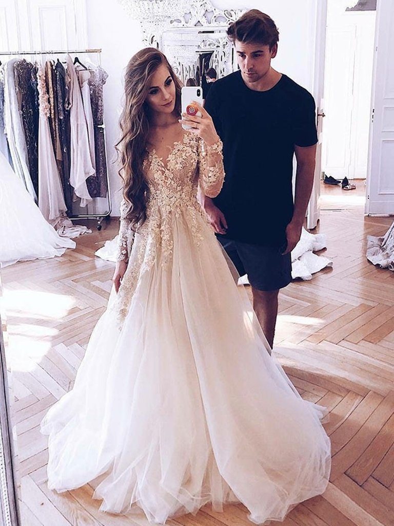 Round Neck Long Sleeves Lace Wedding Dresses, Long Sleeves Lace Prom F jbydress Round Neck Long Sleeves Lace Wedding Dresses, Long Sleeves Lace Prom F jbydress
