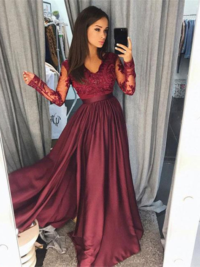 A Line Long Sleeves Burgundy/Pink/Navy Blue Lace Prom Dresses, Long Sl jbydress A Line Long Sleeves Burgundy/Pink/Navy Blue Lace Prom Dresses, Long Sl jbydress