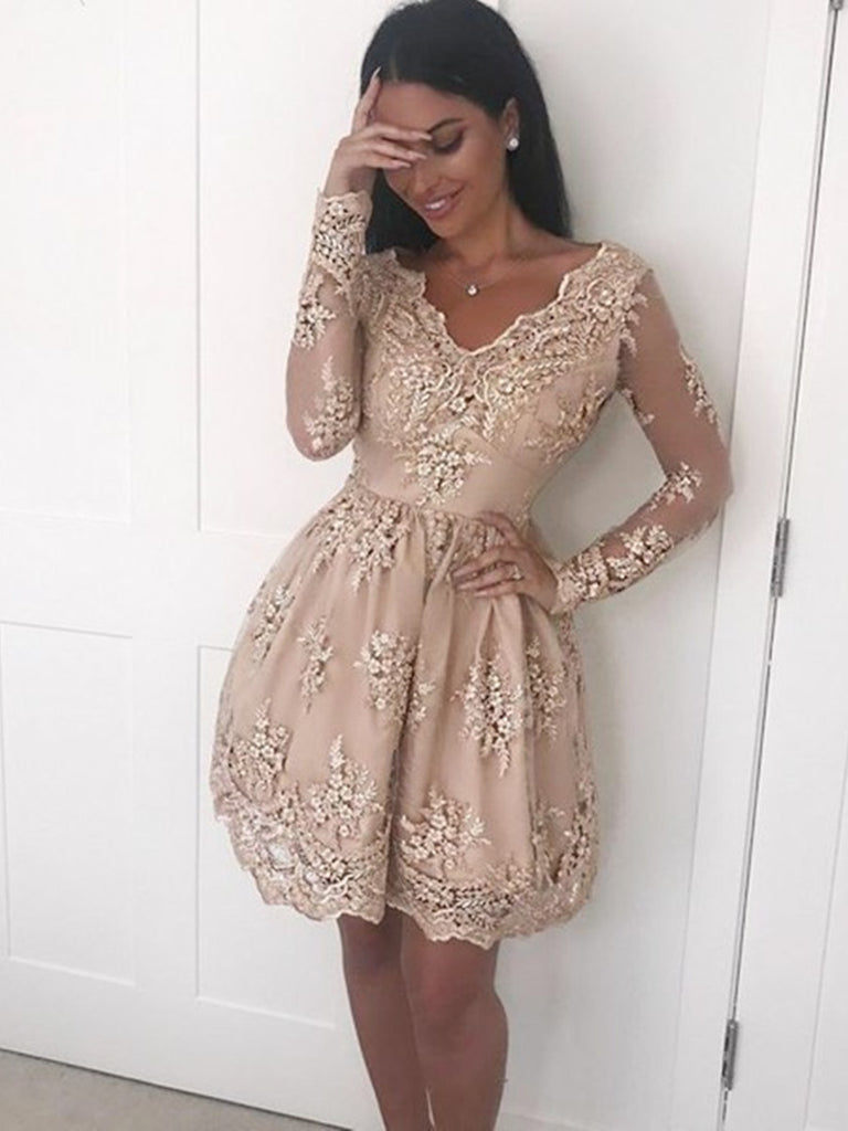 A Line V Neck Long Sleeves Champagne Lace Prom Dresses, Champagne Lace Formal Dresses, Graduation Dresses, Homecoming Dresses