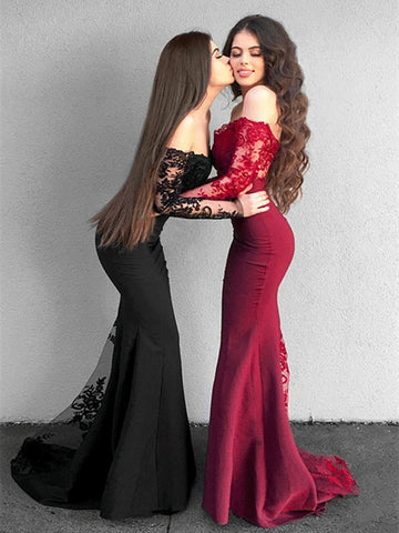 Elegant Black/Burgundy Mermaid Long Sleeves Lace Prom Dress, Lace Bridesmaid Dress, Mermaid Formal Dresses