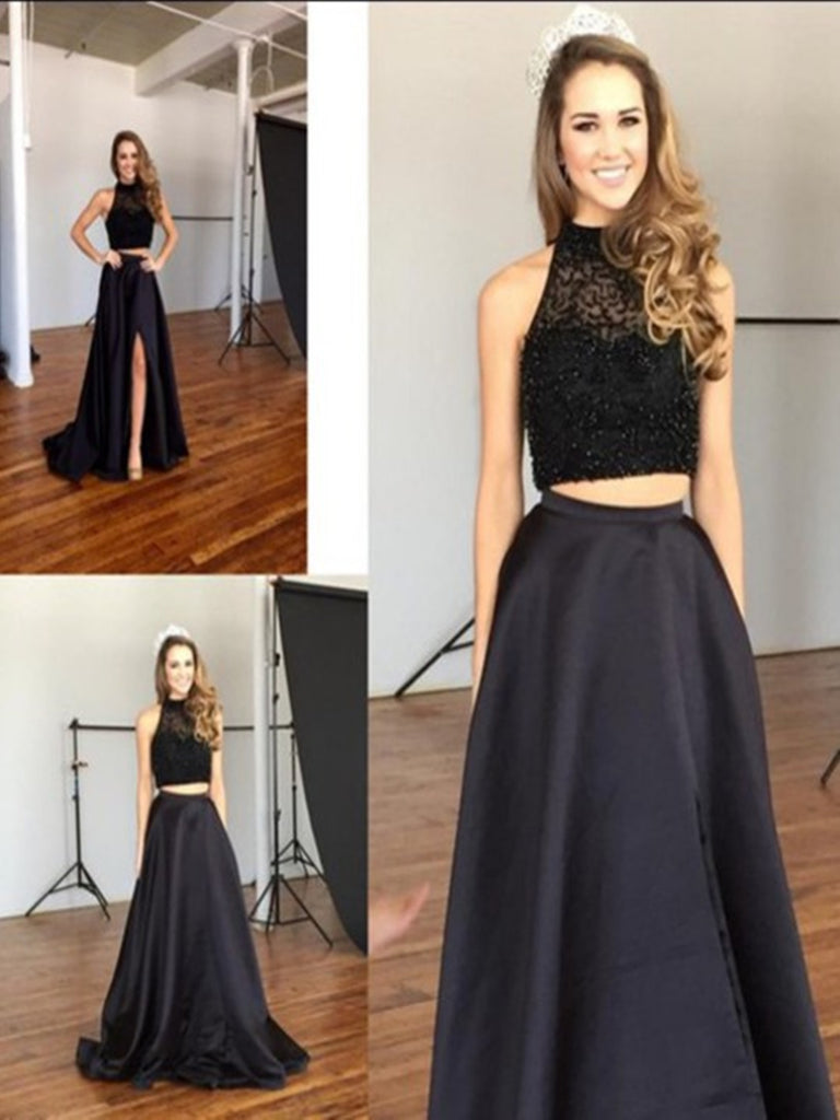 Custom Made A Line 2 Pieces Black Long Prom Dresses, 2 Pieces Black Lo