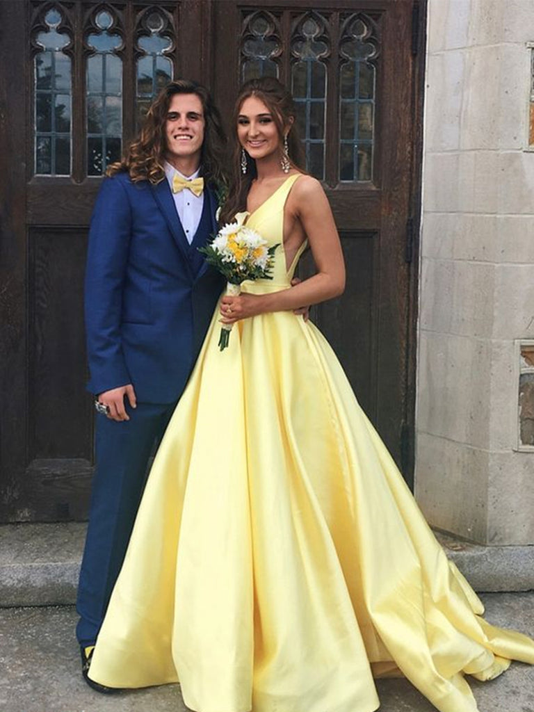 Custom Made A Line Yellow V Neck Prom Dresses, V Neck Formal Dresses, jbydress Custom Made A Line Yellow V Neck Prom Dresses, V Neck Formal Dresses, jbydress