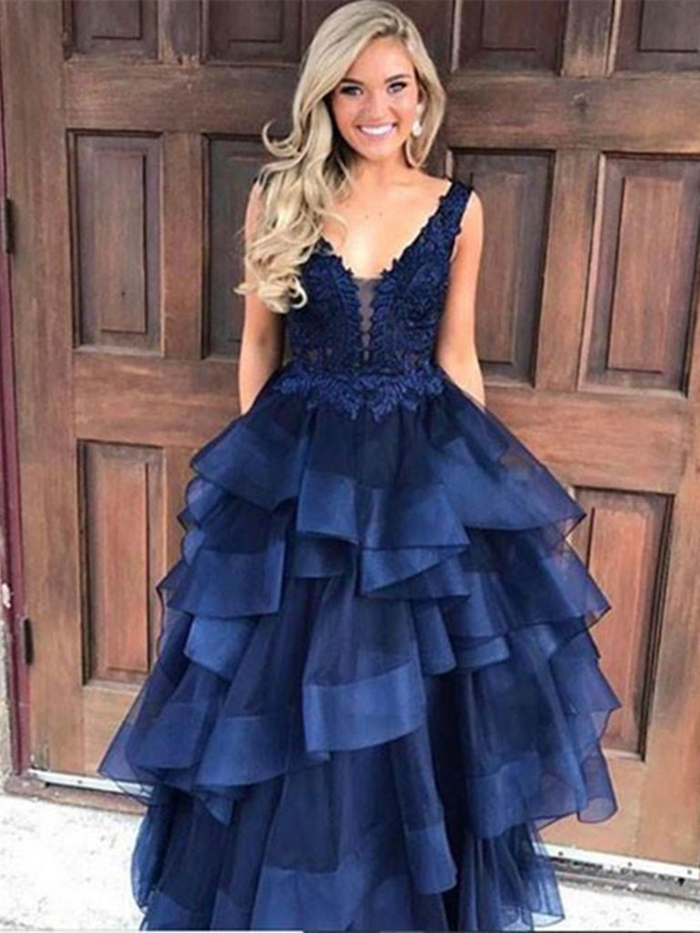 V Neck Navy Blue Lace Prom Dress, Lace Prom Gown, Dark Blue Evening Dress