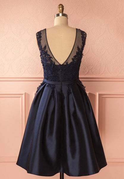 A Line Round Neck Backless Short Navy Blue Lace Prom Dresses, Navy Blu ...