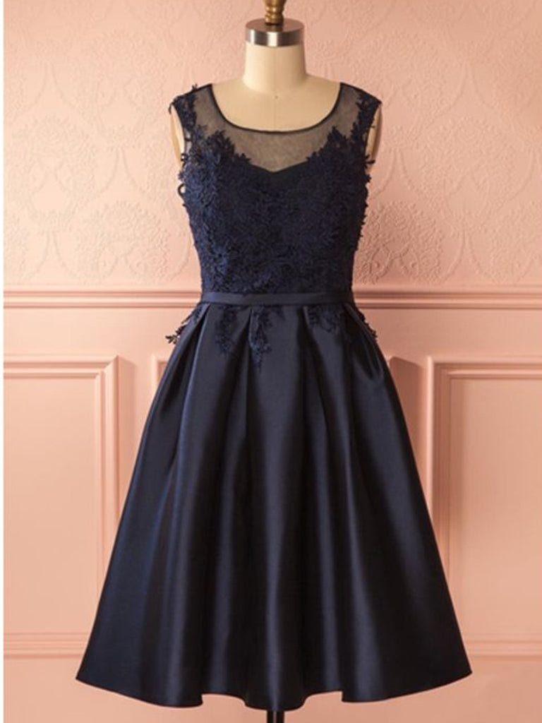 A Line Round Neck Backless Short Navy Blue Lace Prom Dresses, Navy Blu ...