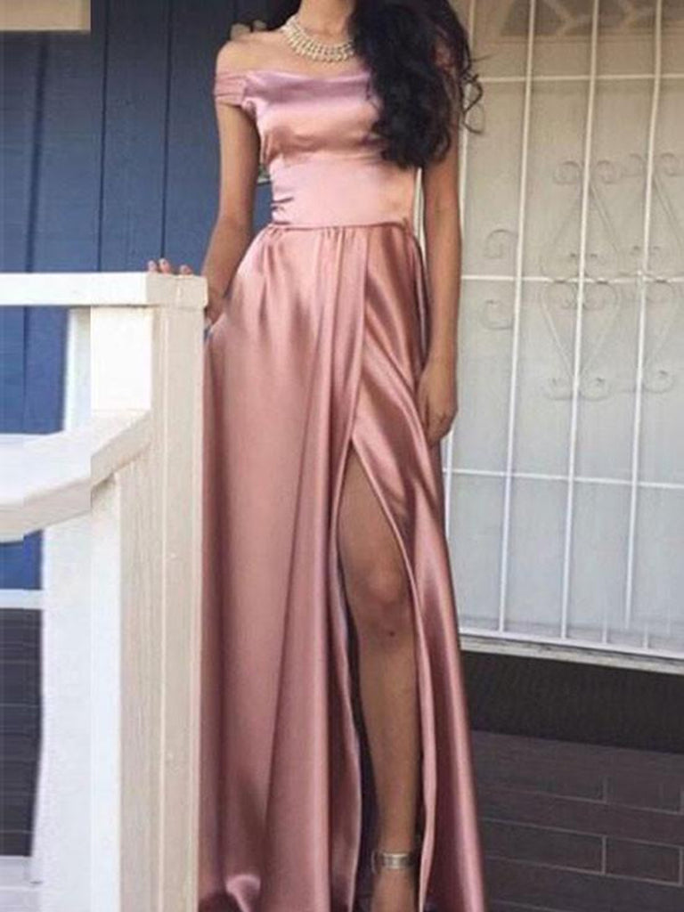 Custom Made A Line Off Shoulder Prom Dress with Slit, Off Shoulder Pin