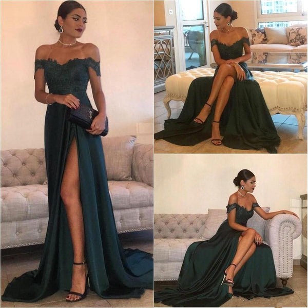 Sexy Dark Green A Line Off Shoulder Lace Prom Dress With Train