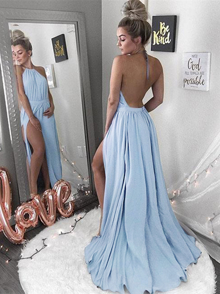 Sexy A-Line Halter Neck Backless Blue Prom Dress, Backless Formal Dress, Blue Evening Dress