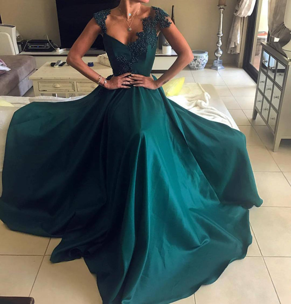 A Line V Neck Dark Green Lace Prom Dresses, Dark Green Formal Dresses, jbydress A Line V Neck Dark Green Lace Prom Dresses, Dark Green Formal Dresses, jbydress