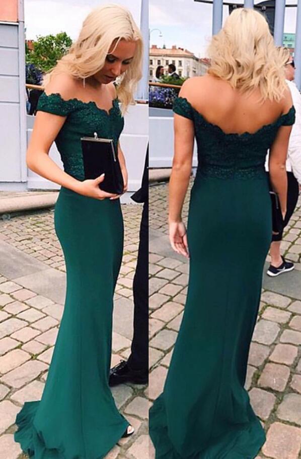 A Line Off Shoulder Emerald Green Lace Mermaid Prom Dress, Green Lace –  jbydress