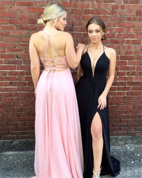 Custom Made A Line V Neck Backless Pink/Black Prom Dresses, Pink/Black Formal Dresses, Backless Graduation Dresses