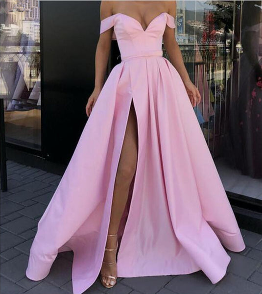 Off Shoulder Pink High Slit Prom Dresses, Off Shoulder Formal Dresses, Graduation Dresses