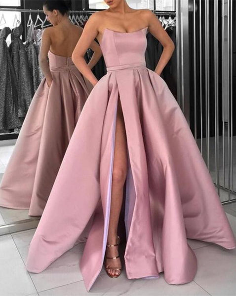 A Line Strapless High Slit Burgundy/Pink/Navy Blue Prom Dresses, High Slit Formal Dresses, Graduation Dresses