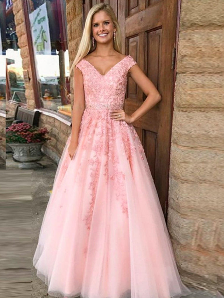 Pink Dress For Graduation A Line V Neck Pink Lace Prom Dress, Pink