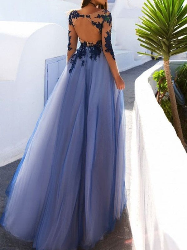 A Line Scoop Neck Backless Long Sleeves Floor Length Prom Dress With L jbydress A Line Scoop Neck Backless Long Sleeves Floor Length Prom Dress With L jbydress