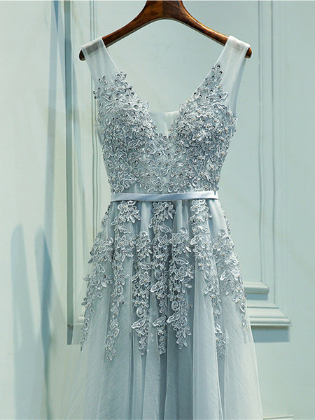 Custom Made A Line Gray/Navy Blue/Burgundy Lace Prom Dresses, Bridesma ...