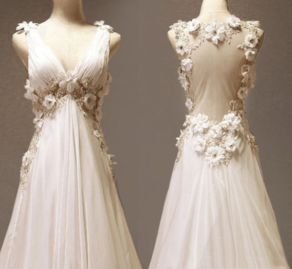 Custom Made A Line V Neck Court Train White Long Wedding Dress, Long Lace Prom Dress, Formal Dress