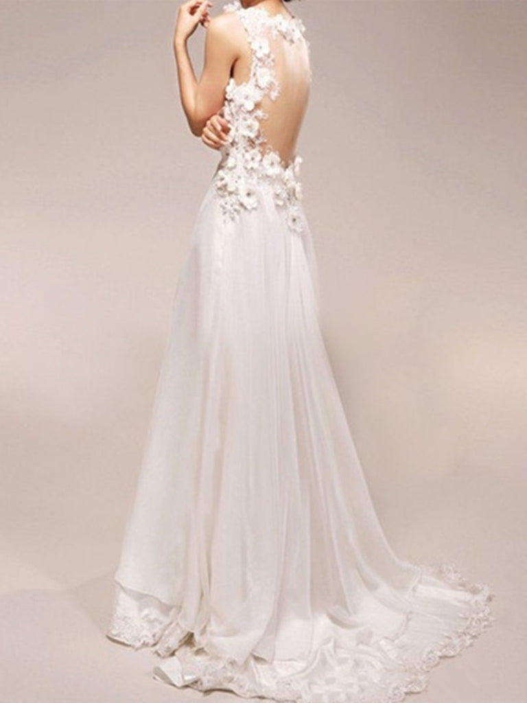 Custom Made A Line V Neck Court Train White Long Wedding Dress, Long Lace Prom Dress, Formal Dress