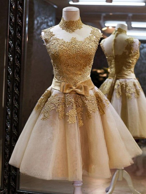 High Neck Short Golden Lace Prom Dresses, Short Graduation Dresses, Ho jbydress High Neck Short Golden Lace Prom Dresses, Short Graduation Dresses, Ho jbydress