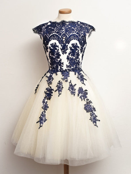 Round Neck Short White And Blue Lace Prom Dresses, Short Lace Homecomi jbydress Round Neck Short White And Blue Lace Prom Dresses, Short Lace Homecomi jbydress