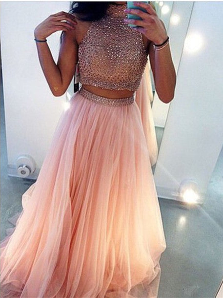 Custom Made 2 Pieces Pink Long Prom Dresses, Formal Party Dresses