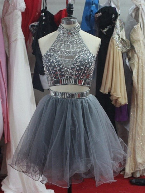 Short A Line Pieces Grey Prom Dresses, Short Homecoming