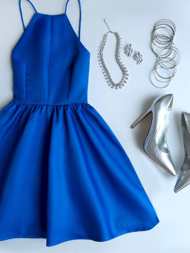 A Line Backless Royal Blue Prom Dresses, Short Royal Blue Formal Dresses, Graduation Dresses, Short Royal Blue Homecoming Dresses
