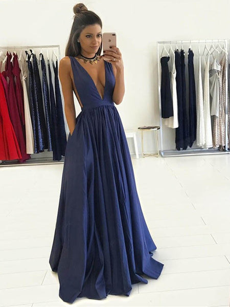 Custom Made A Line V Neck Deep Blue Sleeveless Long Prom Dresses, Deep Blue V Neck Formal Dresses