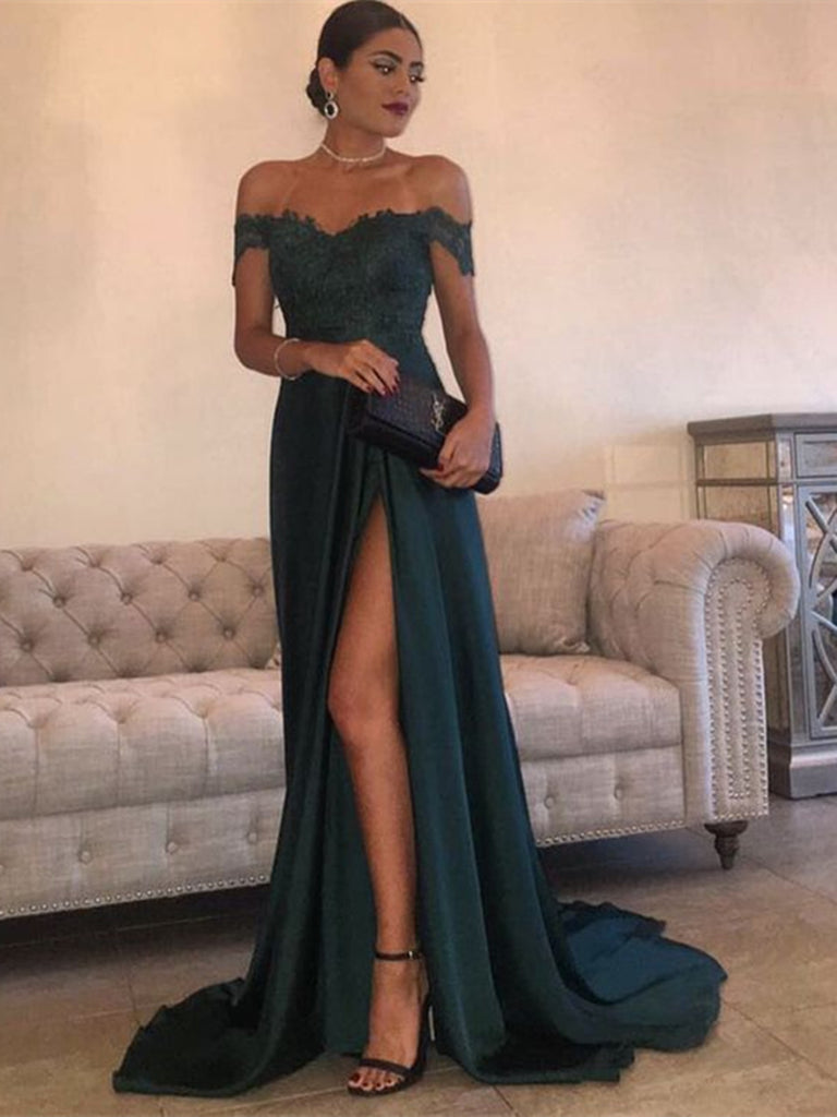 Sexy Dark Green A Line Off Shoulder Lace Prom Dress With Train jbydress Sexy Dark Green A Line Off Shoulder Lace Prom Dress With Train jbydress