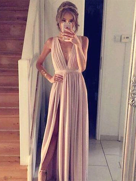 Simple A Line V Neck Champagne Prom Dress with Slit, Champagne Formal Dress, Bridesmaid Dress