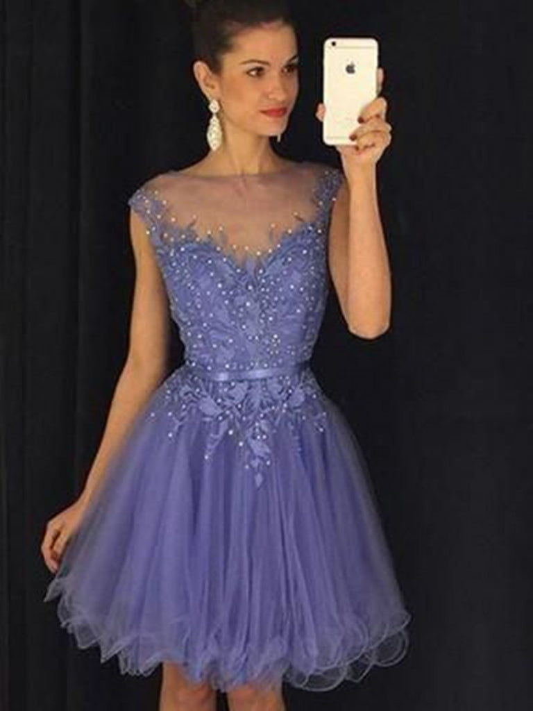 A Line Round Neck Lace Short Purple Prom Dress, Short Lavender Formal/ jbydress A Line Round Neck Lace Short Purple Prom Dress, Short Lavender Formal/ jbydress