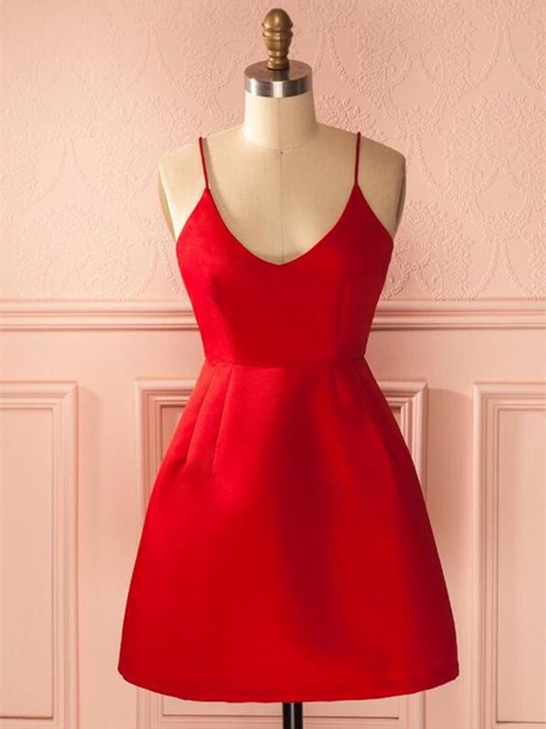 A Line Backless Short Red Prom Dresses, Short Red Satin Homecoming Gra ...