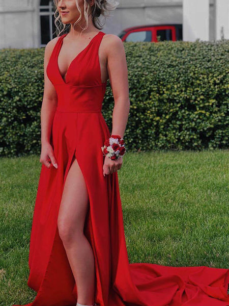 Custom Made Red A Line V Neck Open Back Prom Dresses, Red V Neck Formal Dresses, Backless Graduation Dresses