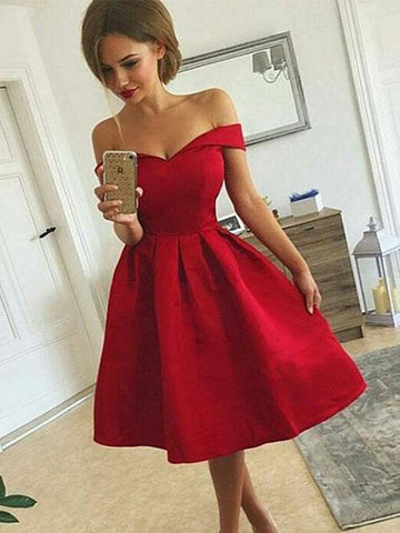 A Line Off Shoulder Short Red Prom Dresses, Short Red Off Shoulder Homecoming Dresses, Graduation Dresses